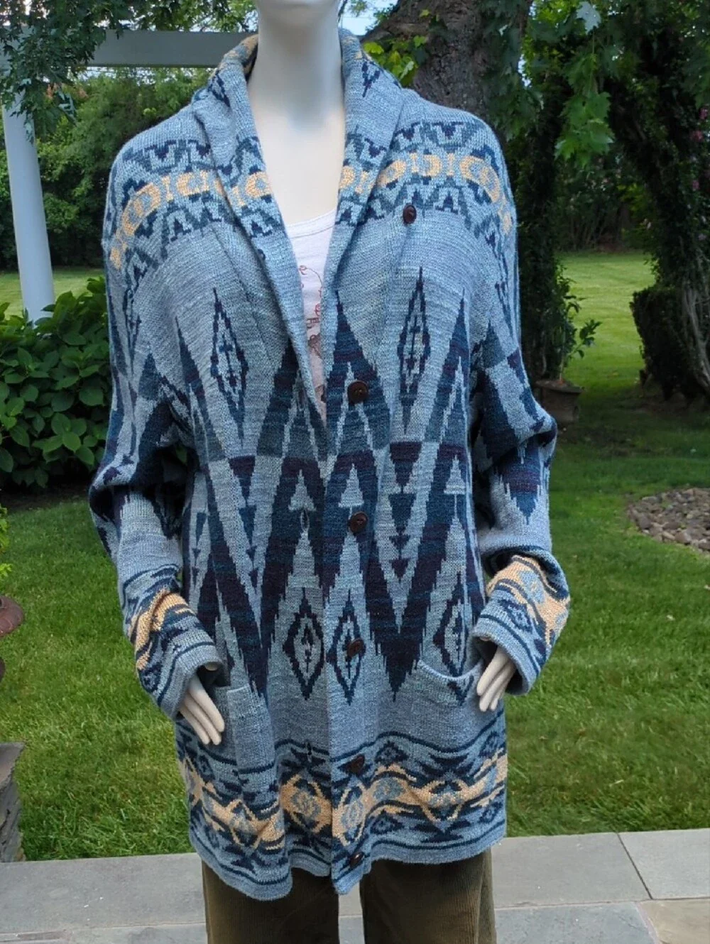 Ralph Lauren Cozy Blue Geometric Button-Front Sweater